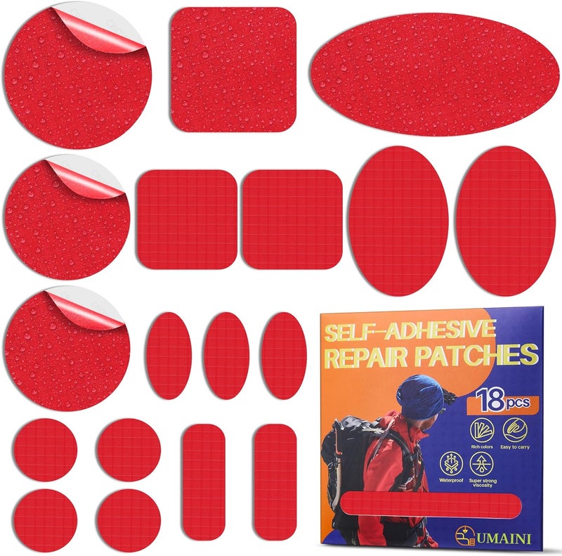 umaini Down Jacket Repair Patch Kit, Outdoor Gear Tenacious Repair Tape, Self Adhesive Fabric Patches for Clothes, Waterproof Ripstop Nylon Fabric Patch for Puffer Jacket, Coat, Tent (18 Pcs, Red) - Image 1